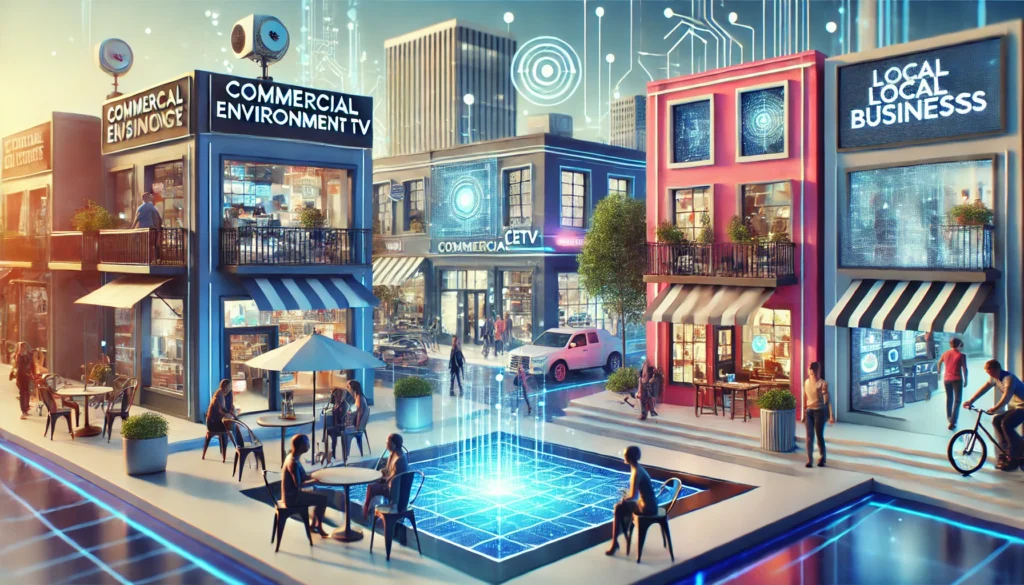 Futuristic community scene featuring small local businesses with vibrant digital displays, showcasing advanced technology and a strong sense of local engagement and connection.