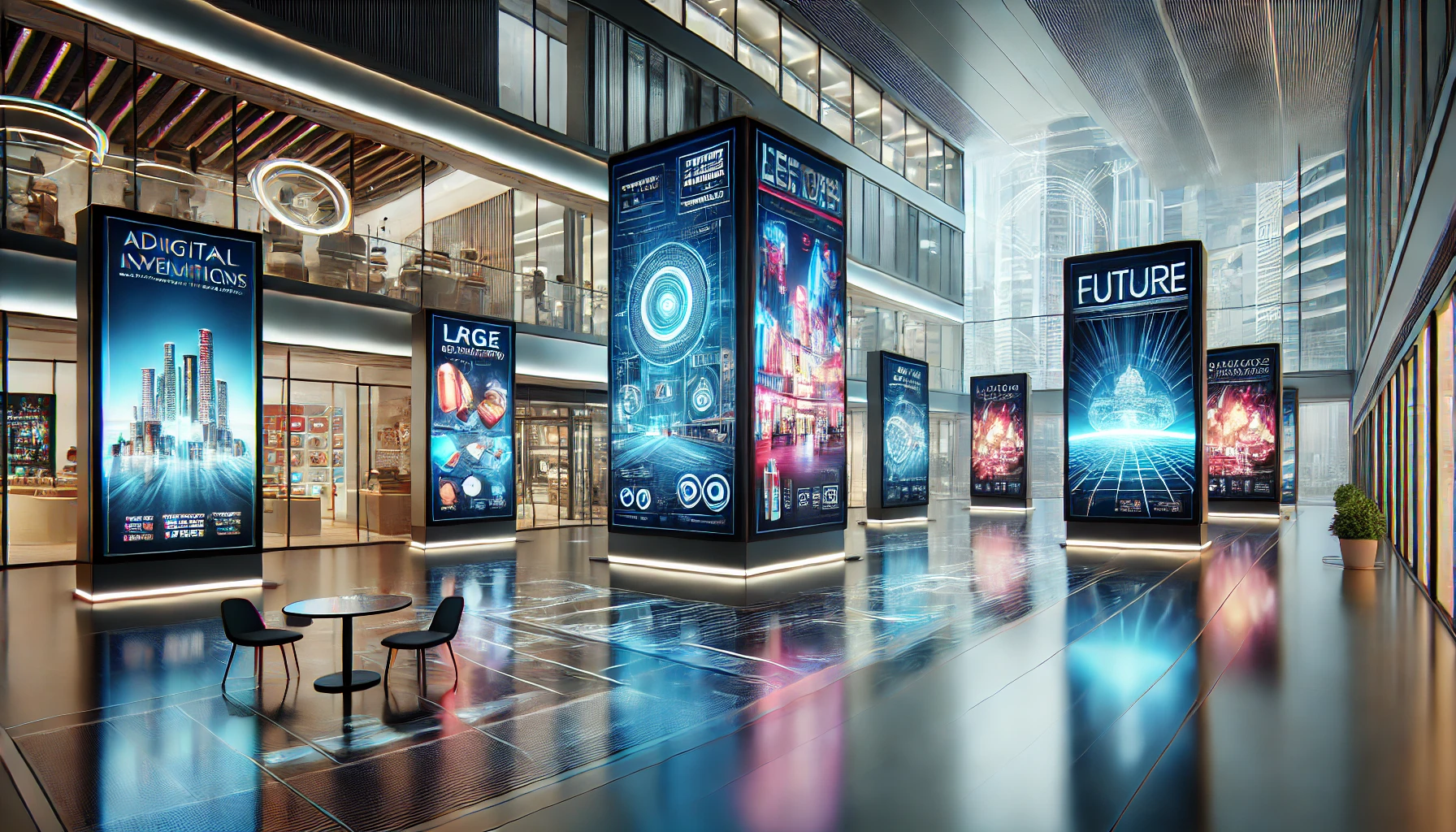 A futuristic commercial environment with digital screens displaying advertisements, showcasing advanced AI-driven technology for immersive customer engagement in a sleek setting.