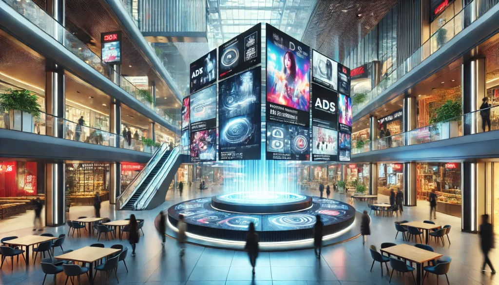 Futuristic commercial environment featuring digital displays and sleek architecture, representing advanced advertising technology and customer engagement in high-traffic areas.