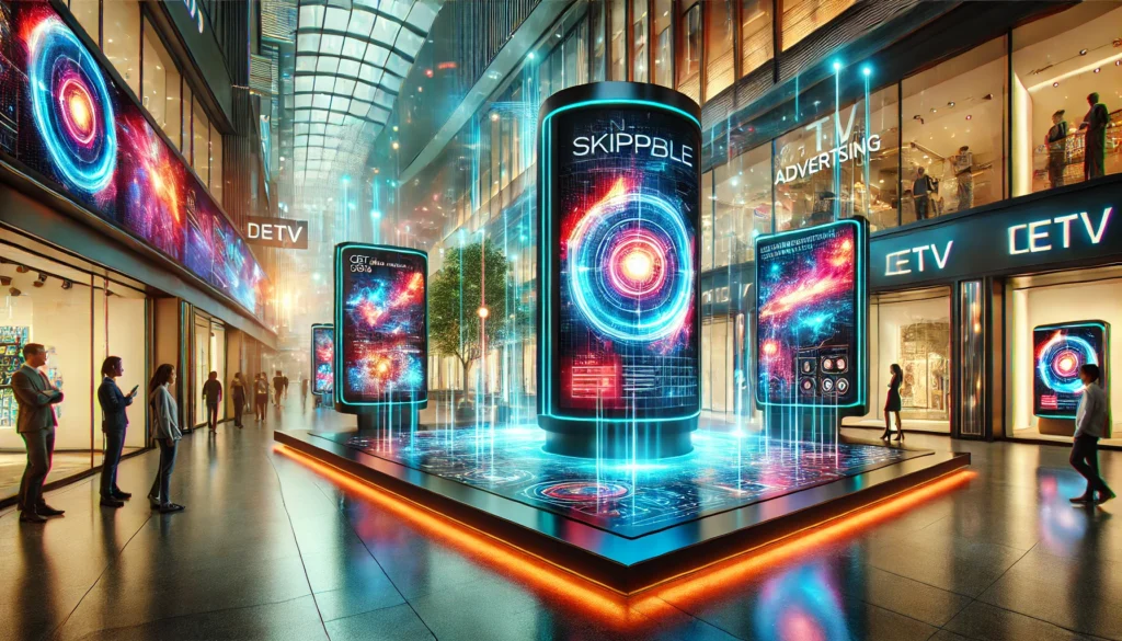 A futuristic digital advertising environment featuring sleek displays and vibrant visuals, highlighting innovative technology in a modern commercial setting.