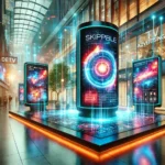 A futuristic digital advertising environment featuring sleek displays and vibrant visuals, highlighting innovative technology in a modern commercial setting.