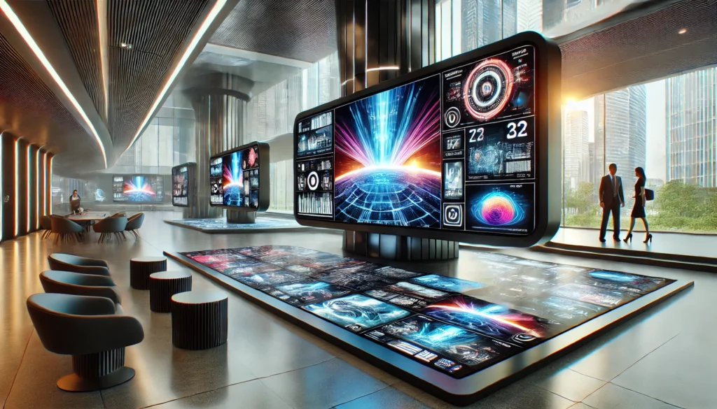 A futuristic business environment showcasing sleek digital screens displaying vibrant advertisements, symbolizing innovative AI-driven CETV revenue-sharing opportunities.