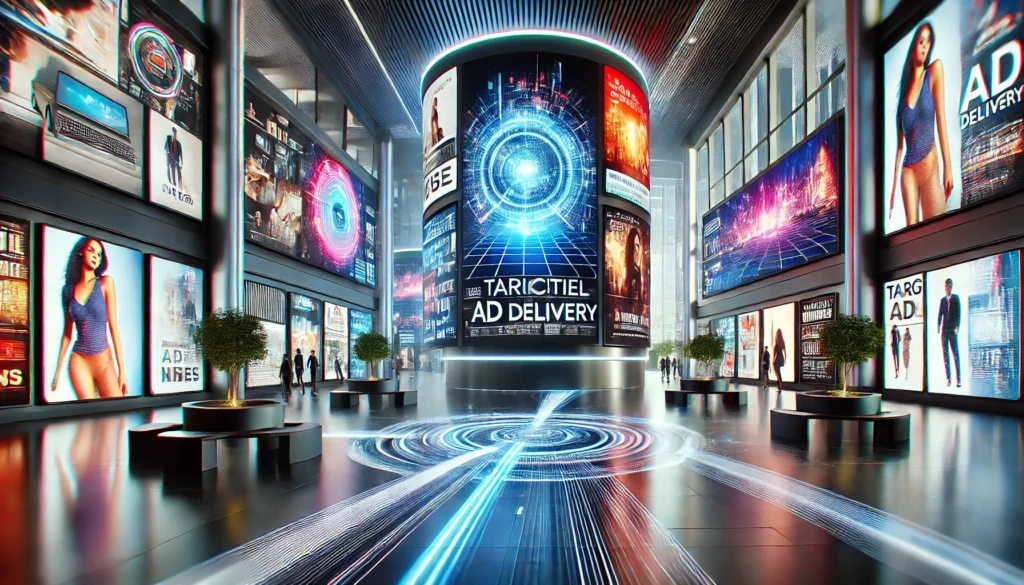 Futuristic business environment showcasing sleek digital displays with AI-driven advertising, enhancing customer engagement and brand visibility in high-traffic commercial spaces.