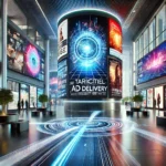 Futuristic business environment showcasing sleek digital displays with AI-driven advertising, enhancing customer engagement and brand visibility in high-traffic commercial spaces.