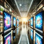 Futuristic retail store with sleek digital screens displaying vibrant advertisements, enhancing customer engagement and brand visibility in a high-tech shopping environment.