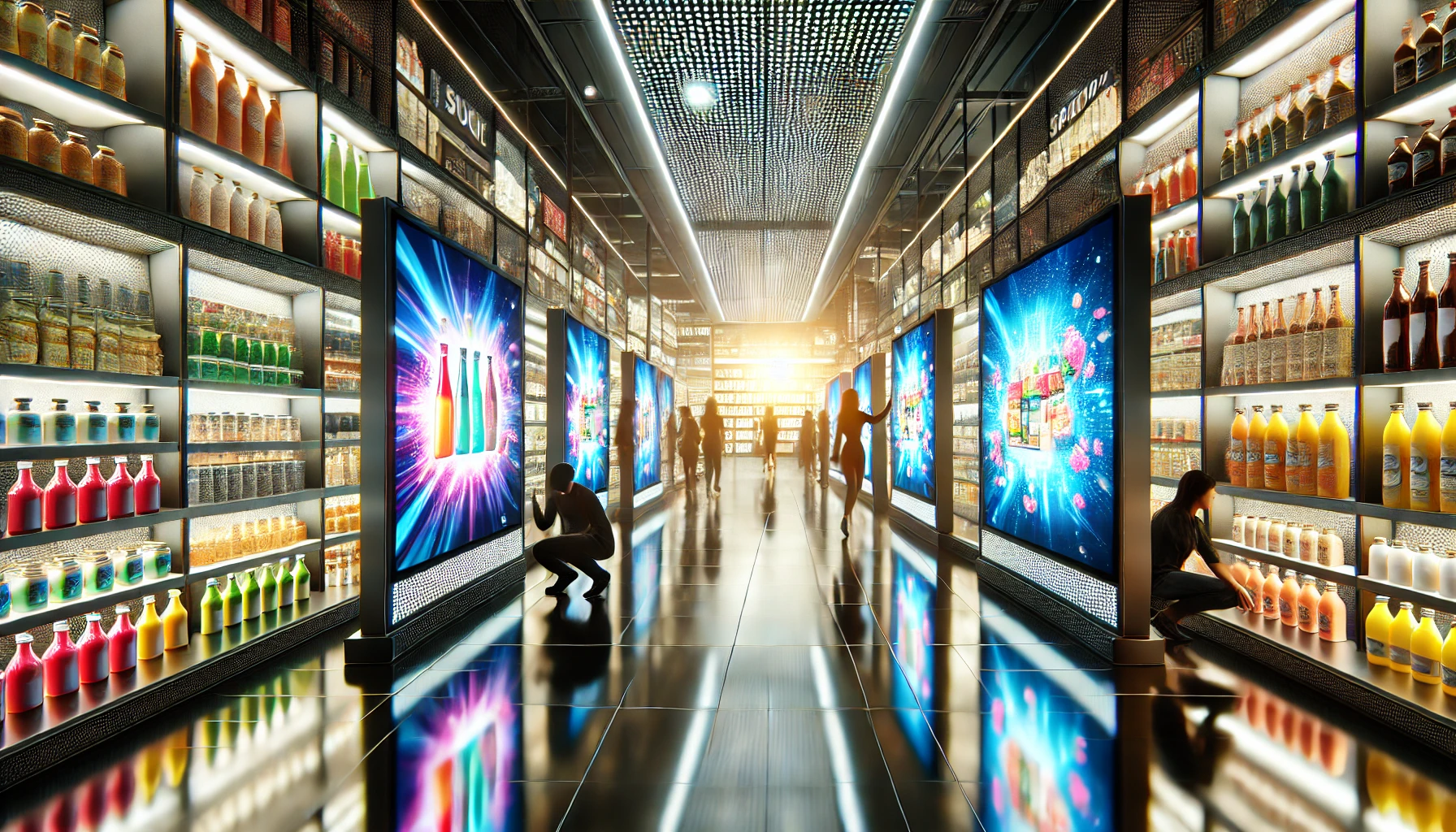 Futuristic retail store with sleek digital screens displaying vibrant advertisements, enhancing customer engagement and brand visibility in a high-tech shopping environment.