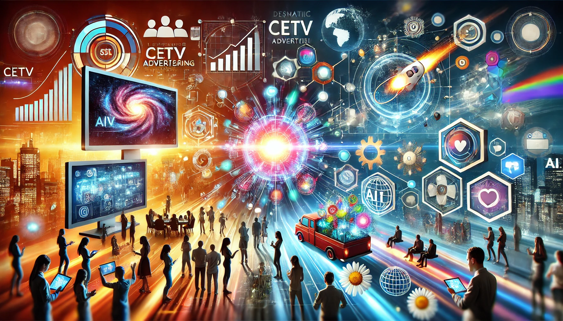 A futuristic image for a blog post about leveraging CETV advertising to enhance customer engagement. It features AI-driven ads, business growth charts, and diverse audiences in high-traffic environments.