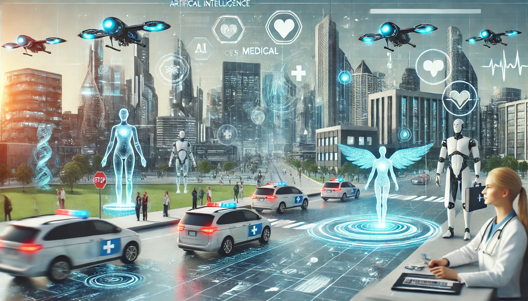 A futuristic cityscape with advanced technology, focusing on medical services. Includes flying cars, medical robots, and healthcare holographic displays. Horizontal banner format.