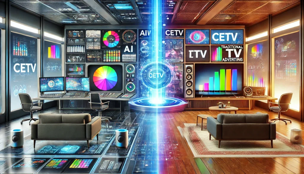 A vibrant futuristic scene comparing CETV and traditional TV advertising. Features a high-tech control room with colorful analytics screens and a traditional TV setup in a living room.