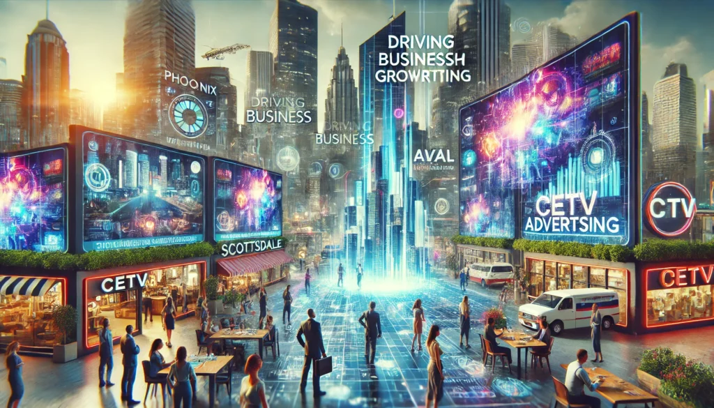 A futuristic urban scene with diverse people interacting with high-tech digital screens and holographic elements, representing innovative CETV advertising.