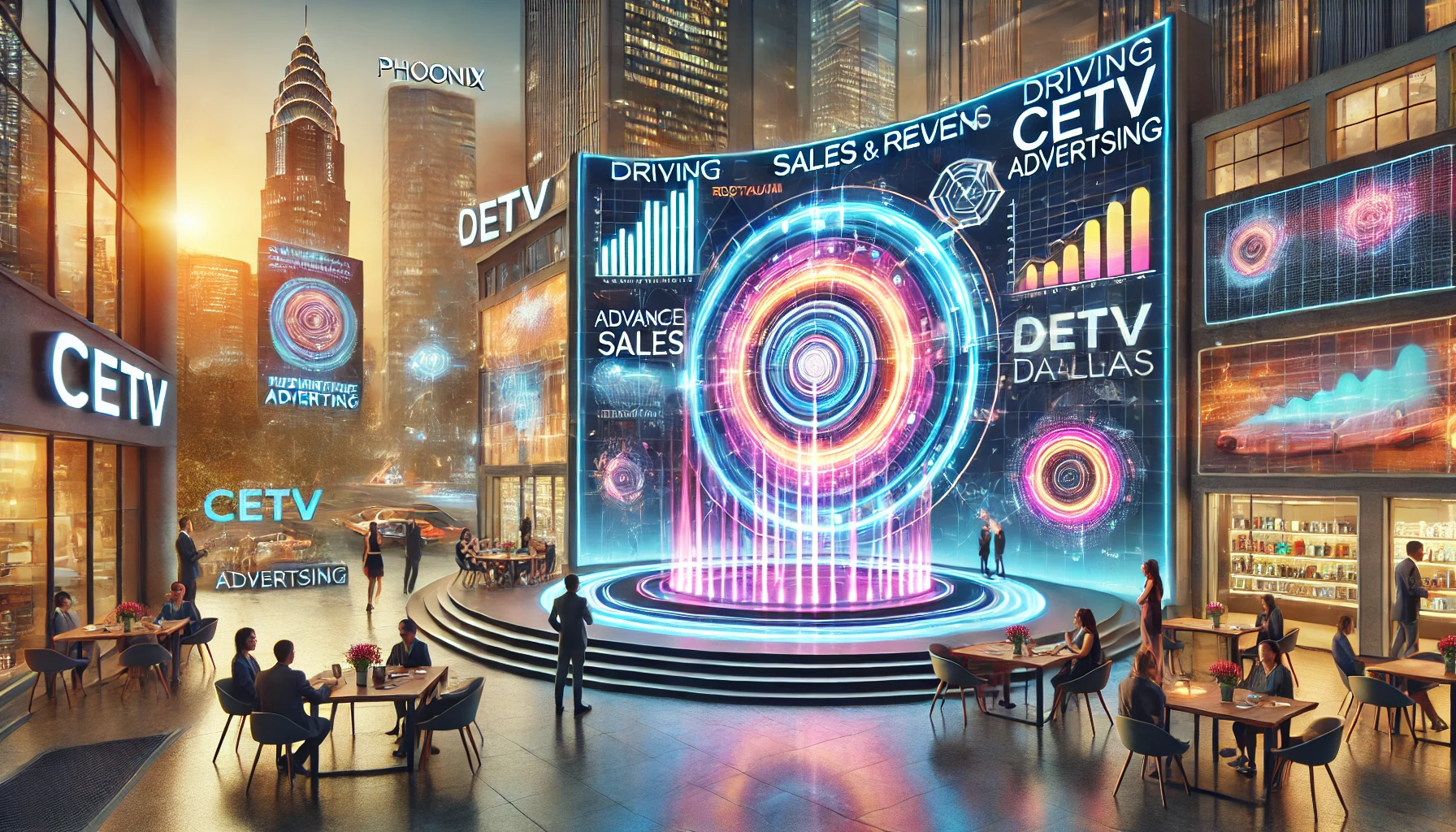 Futuristic commercial scene with diverse people interacting with high-tech screens displaying dynamic visuals, AI elements, and holographic displays.