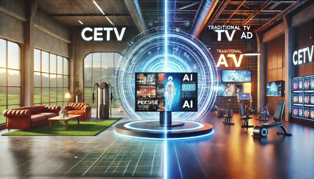 Futuristic comparison of CETV vs. traditional TV advertising, showing a split scene with a high-tech gym and a classic living room, highlighting targeted and broad ads.