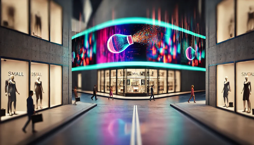 Futuristic scene with small businesses thriving in a high-tech environment, featuring digital billboards, AI-driven holograms, and advanced advertising technology for brand visibility.