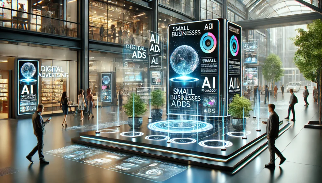 Futuristic digital advertising setup in a high-traffic commercial environment with sleek displays showcasing dynamic ads, representing innovative marketing solutions for small businesses.