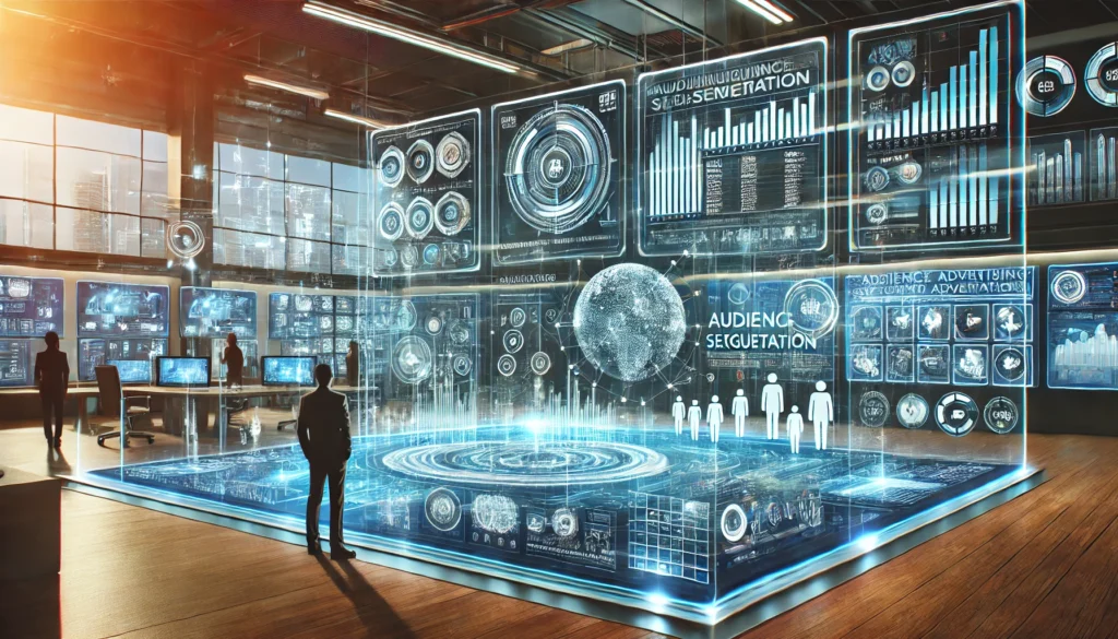 Futuristic business environment with advanced data analytics technology, showcasing sleek digital displays and AI-driven systems in a modern commercial setting.