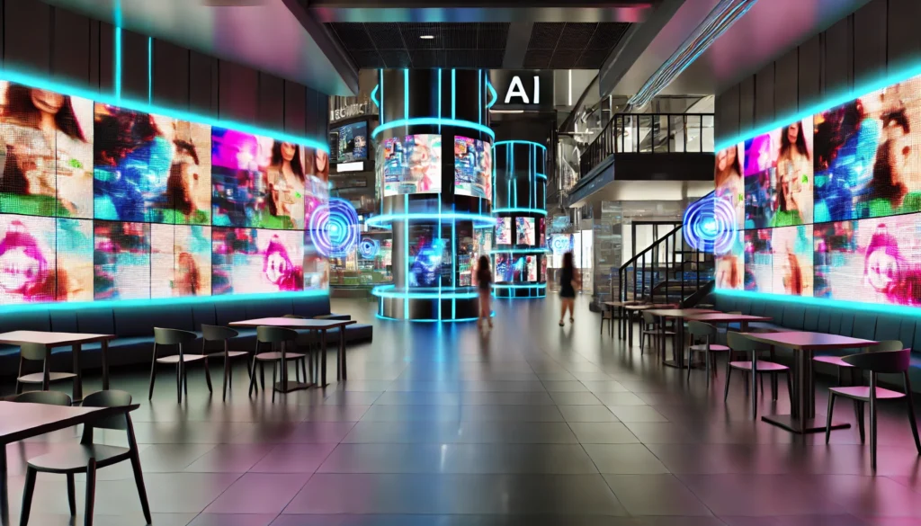 Futuristic advertising setup with sleek digital displays showcasing targeted ads in a vibrant, high-tech commercial environment, highlighting innovation in CETV advertising.