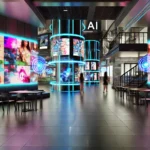 Futuristic advertising setup with sleek digital displays showcasing targeted ads in a vibrant, high-tech commercial environment, highlighting innovation in CETV advertising.