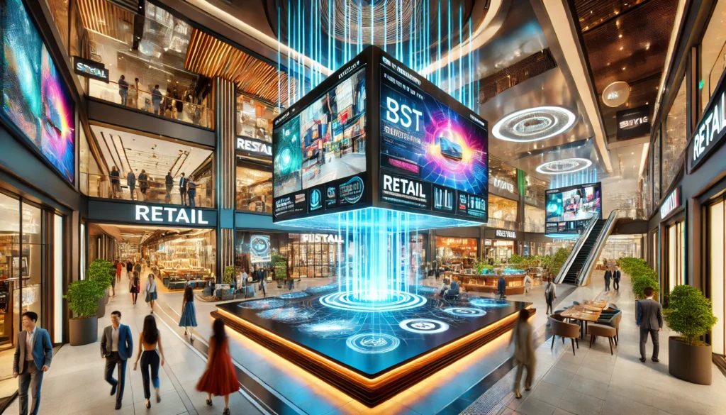 A futuristic retail environment with sleek digital screens displaying high-definition advertisements in a vibrant, modern commercial setting.