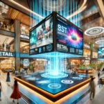 A futuristic retail environment with sleek digital screens displaying high-definition advertisements in a vibrant, modern commercial setting.