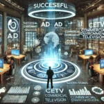 Futuristic illustration showing AI-powered advertising in action, with digital screens in a modern environment attracting the attention of engaged viewers.