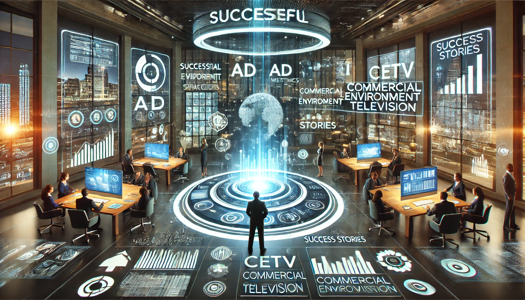 Futuristic illustration showing AI-powered advertising in action, with digital screens in a modern environment attracting the attention of engaged viewers.