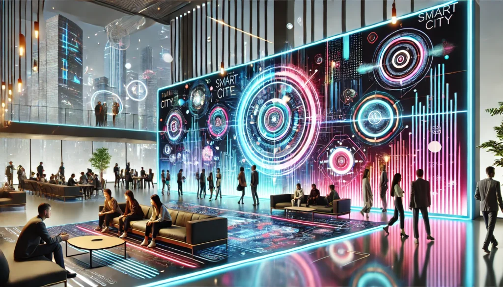 A futuristic scene with vibrant digital screens displaying dynamic advertisements, representing AI-powered marketing in high-traffic commercial environments.