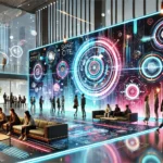 A futuristic scene with vibrant digital screens displaying dynamic advertisements, representing AI-powered marketing in high-traffic commercial environments.